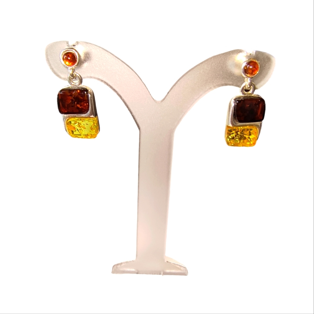 Designer Signed Bicolor Amber & Sterling Silver Dangle Earrings